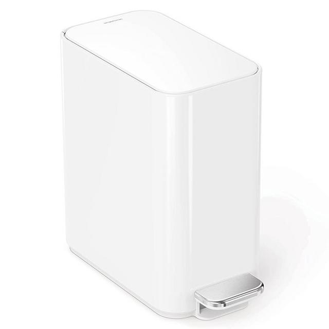 simplehuman 5 Liter / 1.3 Gallon Stainless Steel Bathroom Slim Profile Trash Can, White Stainless Steel