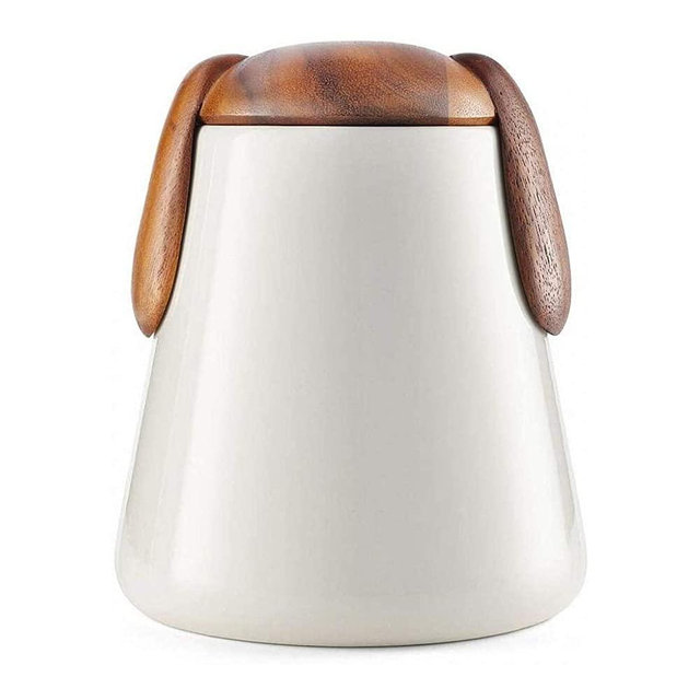 Nambe - Pet Collection - Puppy Ears Motif Dog Treat Jar - Measures at 6.5" x 7.5" - Jar Made of Bone China with Acacia Wood Lid