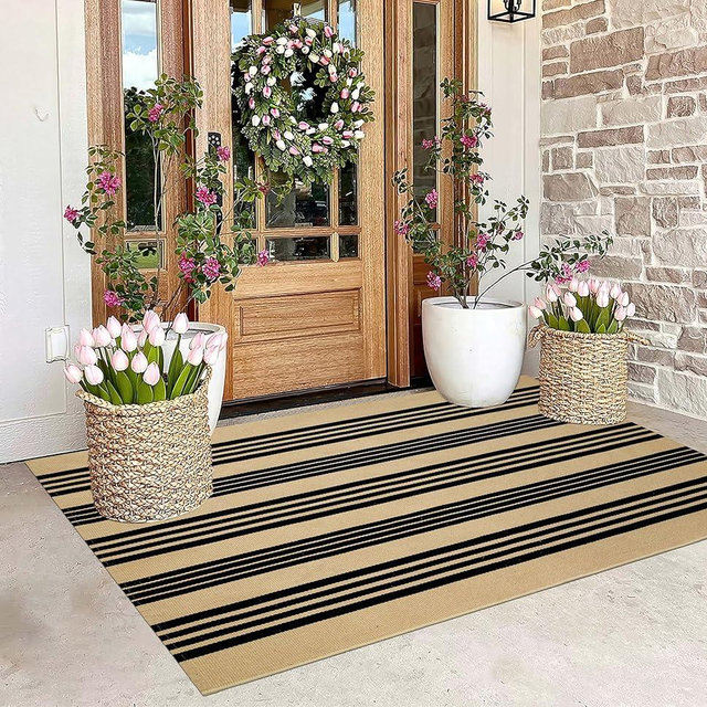 BUAGETUP Outdoor Rug 3'x 5',Khaki and Black Striped Area Rug Cotton Woven Washable Rug Indoor/Outdoor Area Rug Floor Mat for Farmhouse Living Room Bedroom