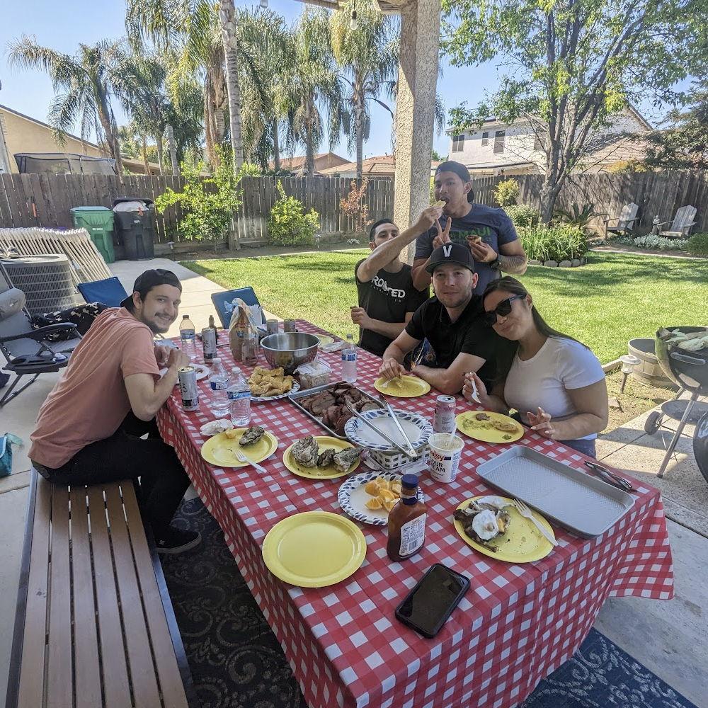 Catching up with friends in Porterville, Ronelle's hometown. Pictured are Brandt, Kevin Herrera, Kevin Vaughn, and Isabella.