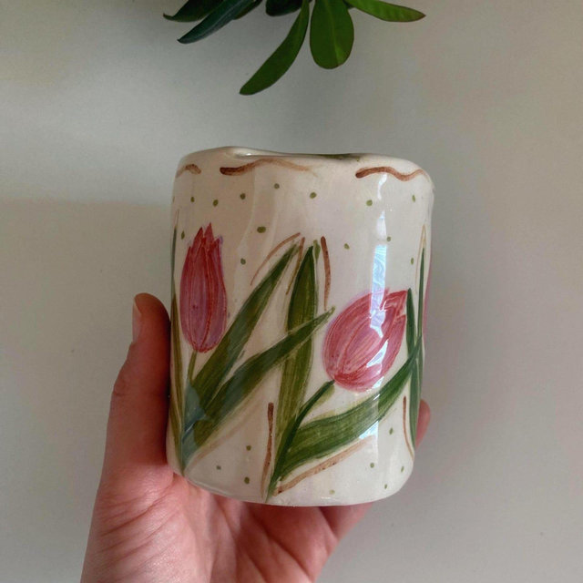 Custom Travel Mug - Handpainted Tulips Ceramic Tumbler - Artistic Handleless Tea Mug - Cottagecore Eco Friendly Ceramic Cup