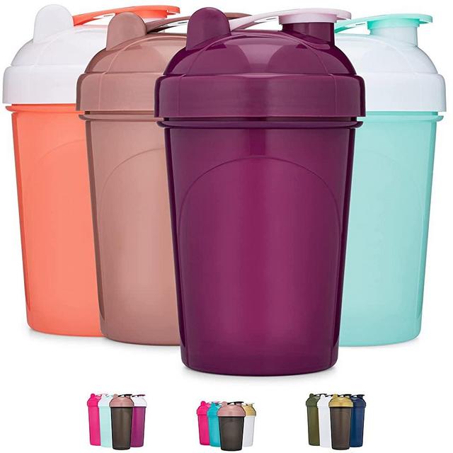 [4 Pack] 20-Ounce Shaker Bottle | Protein Shaker Cup 4-Pack with Wire Whisk Balls (Coral/White, Purple, Mint/White, Rose) | Protein Shaker Bottle Set is BPA Free and Dishwasher Safe