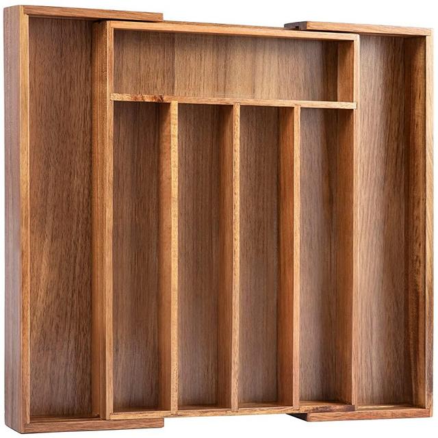 Bellsal Acacia Silverware Organizer Kitchen Drawer Organizer Expandable Bamboo Utensil Holder Cutlery Tray for Kitchen Utensil and Flatware Bedroom Office