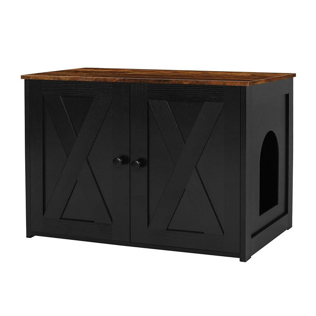 Dwanton Litter Box Enclosure, Cat Litter Box Furniture Hidden, Reversible Entrance Can Be on Left or Right Side, Wooden Cat Washroom Indoor, Black and Rustic Brown, 27.6 Inches