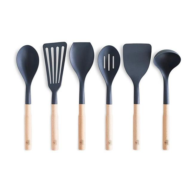 GreenLife Cooking Tools and Utensils, 7 Piece Nylon and Wood Kitchen Set with Ceramic Crock Holder, Heat Resistant Spatula and Spoons, BPA-Free, Black