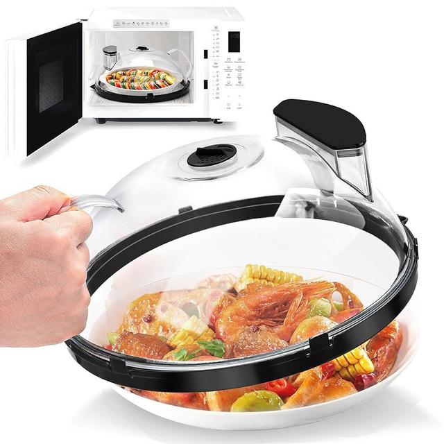 Fkprorjv Microwave Splatter Cover with Water Steamer, 12 inch Clear Microwave Plate Cover for Food, Splatter Guard Microwave Lid for Microwave Oven, Kitchen Gadgets Accessories, Black