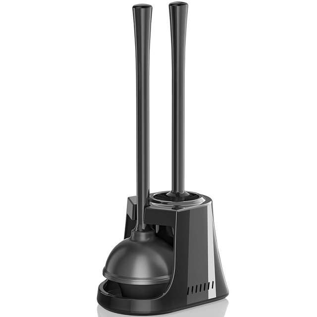 Toilet Plunger and Brush, Bowl Brush and Heavy Duty Toilet Plunger Set with Ventilated Holder, 2-in-1 Toilet Brush and Plunger Combo for Bathroom Cleaning New Pack (Black, 1)