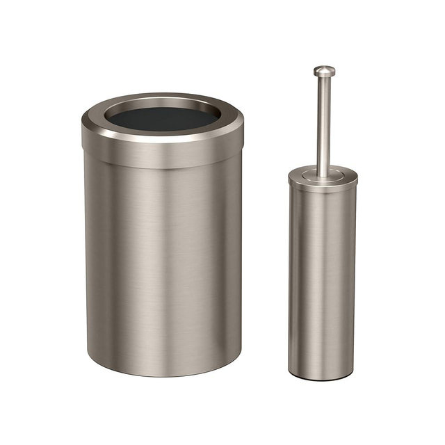 Gatco Modern Round Waste Basket and Toilet Brush Set, Satin Nickel- Stainless Steel Trash Can with Removable Lid, Leakproof, 3 Gallon Capacity for Bathroom, Bedroom, Kitchen, or Office