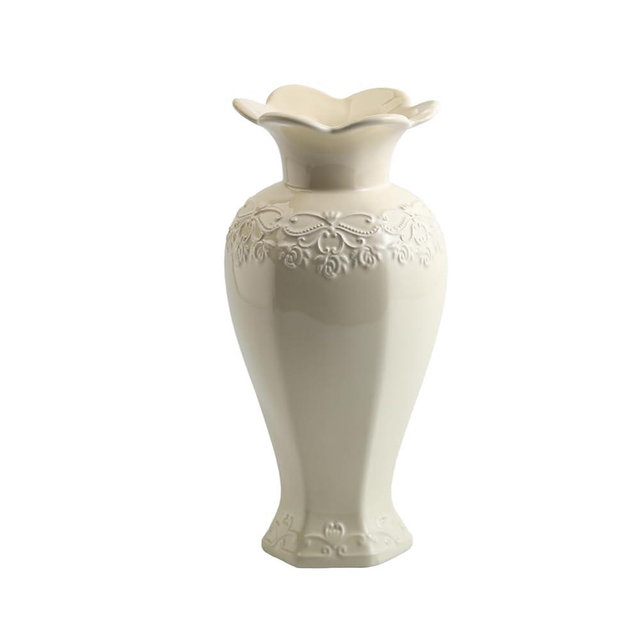 Seasonsplan Relievo Elegant White Cream 8in 11in Ceramic Flower Tall Vase Aesthetic Beige Table Tulip Wide Mouth Vase Rose Filler Decorative Rustic Vase Decor for Home (Cream Vase, L)