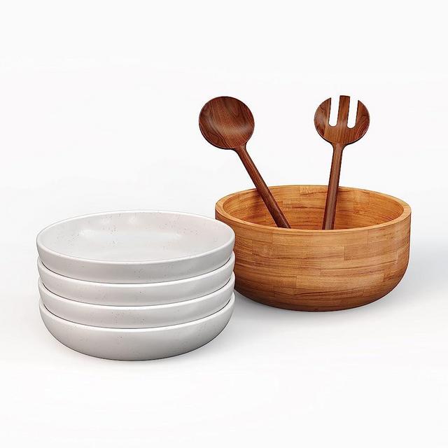 Ziruma Premium Large White Oak Wooden Bowl Set with Ceramic Serving Bowls. Shallow Bowls Ideal for Pasta, Salad, Soup and Cereal - Set of 4. Includes American Walnut Wood Serving Utensils