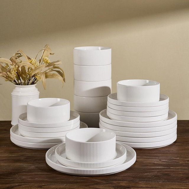 Richmount Star 24-Piece Plates and Bowls Set, Porcelain Dinnerware Sets for 8 Service, Modern Dish Set-Chip and Scratch Resistant, Dishwasher & Microwave Safe, White