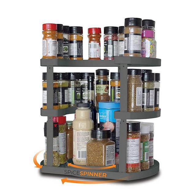 Spice Spinner Deluxe Three-Tiered Spice Organizer & Holder That Saves Space, Keeps Everything Neat, Organized & Within Reach With Dual Spin Turntables (Grey- Deluxe)