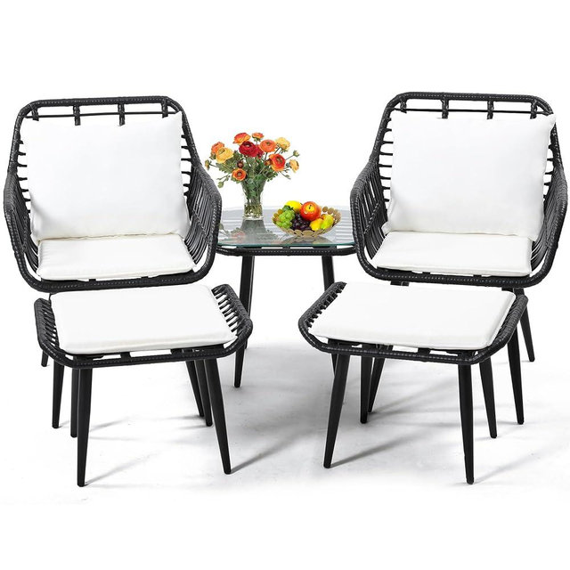 KROFEM Outdoor Wicker Chairs and Table Bistro Conversation Furniture Set, 5 Pieces with Ottoman for Porch, Balcony, Deck, Patio, Backyard, Black Color