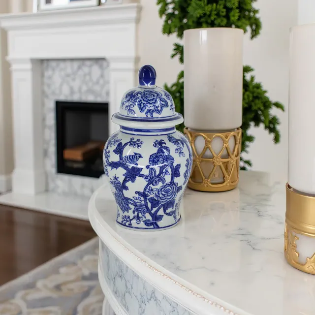 Sagebrook Home 10" Temple Jar - White and Blue Chinoiserie Design - Contemporary Glam Ceramic Temple Jar For Indoor