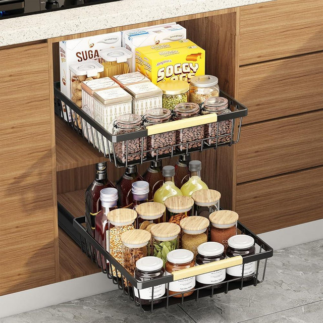Pull Out Cabinet Organizer, AUFWORLD 2 Pack Heavy Duty Slide Out Drawers Fixed with Adhesive Nano Film, Pull Out Shelves for Kitchen Cabinets, Pantry, Bathroom Organization (Black, 2 Pack)