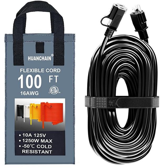 Indoor Outdoor Black Extension Cord 100 ft Waterproof, 16/3 Gauge Flexible Cold-Resistant Appliance Extension Cord Outside, 10A 1250W 16AWG SJTW, 3 Prong Heavy Duty Electric Cord, ETL HUANCHAIN