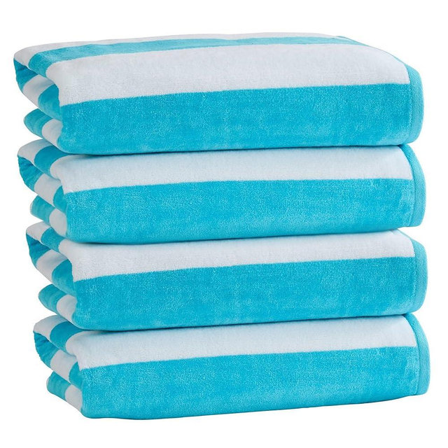 100% Cotton Velour Cabana Stripe Beach Towel Set 30" x 60" - Ultra Soft, Plush, & Highly Absorbent Towels for Pool, Beach, & Swimming. Marina Collection (4-Pack, Aqua Blue)