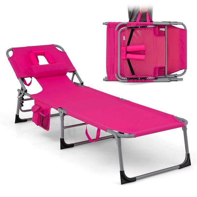 Goplus Tanning Chair, Folding Adjustable Patio Lounge Chair with Face Hole, Removable Pillow, 330LBS, Carry Strap, Outdoor Sunbathing Chair, Lightweight Portable Beach Lounge Chair (1, Pink)