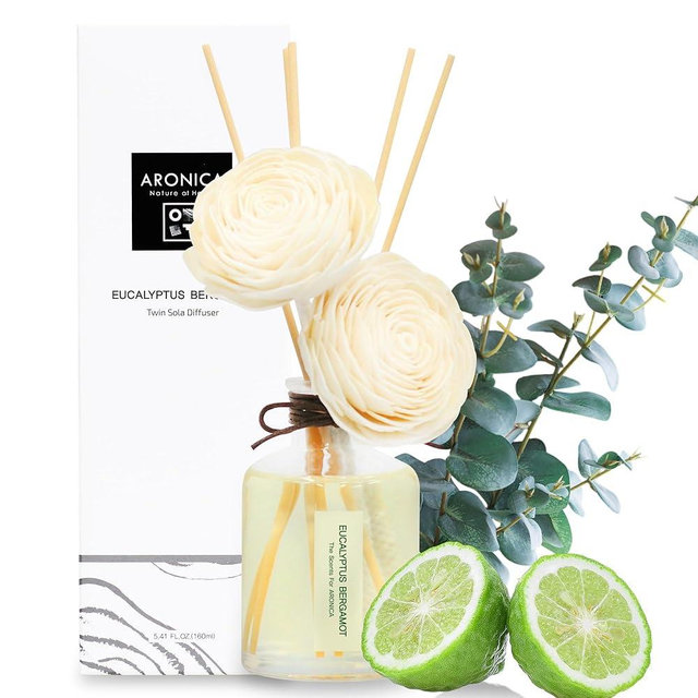 Aronica Twin Sola Diffuser 160ml_Eucalyptus and Bergamot Essential Oil Flower Diffuser, Non Toxic Reed Diffusers, Beach Themed Home Room Decor, Natural Gift for Men, Beach Scent