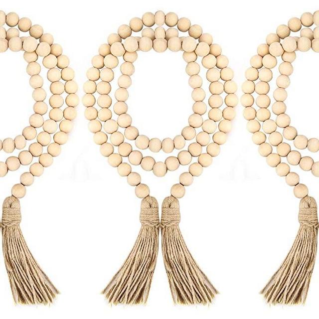 ZOENHOU 3 Pieces Each 57 Inch Wood Bead Garland with Tassels, Creative Rustic Farmhouse Home Decoration for Country Wall Christmas Tree Hanging Decor