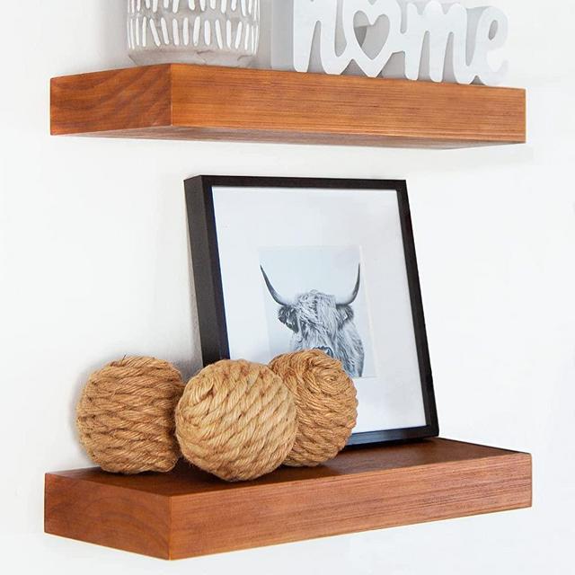 Homeforia Rustic Farmhouse Floating Shelves, Bathroom Wooden Shelves for Wall Mounted, Thick Industrial Kitchen Wood Shelf - 16 x 6.5 x 1.75 inch - Set of 2 - Honey Oak Color