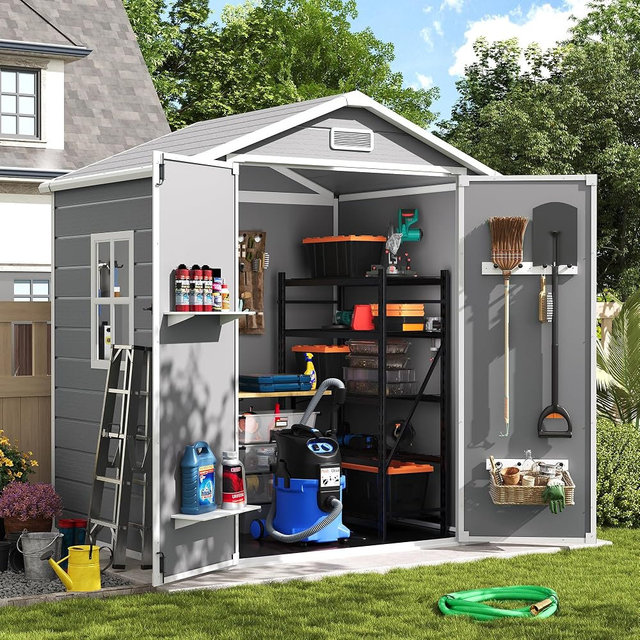 Amopatio Outdoor Storage Shed with Floor, 6x4.5 FT Lockable Plastic Tool Shed with Ventilation, Waterproof Resin Garden Sheds for Backyard, Patio, Lawn and Bike Grey