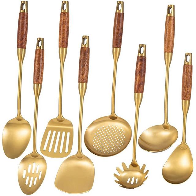 Gold Kitchen Utensils Set with Wooden Handle, 8 PCS Brass Stainless Steel Cooking Utensil - Spatula, Ladle, Solid Serving Spoon, Slotted Serving Spoon, Skimmer Spoon, Spaghetti Server, Slotted Spatula