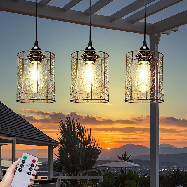 Battery Operated Hanging Outdoor Chandelier, Battery Pendant Light, Gazebo Lights Outdoor Waterproof, 4 AA Batteries, for Gazebo, Pergola, Porch, Patio, Indoor/Outdoor Decor Lighting (3)