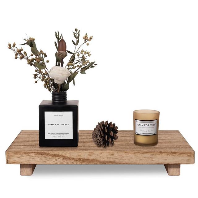 Small Wood Tray Pedestal Stand Farmhouse Bathroom Decor Decorative Wooden Riser Kitchen Soap Dish Holder for Vanity, Counter, Sink, Large 11.8" x 7" - Brown