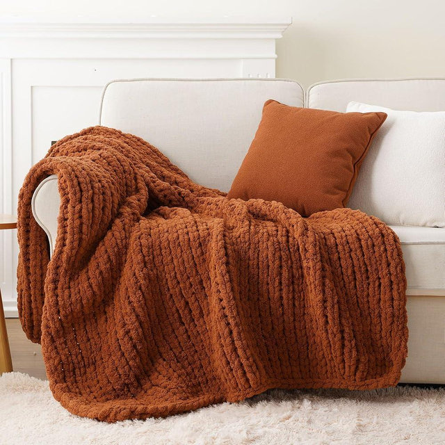Battilo Fall Chunky Knit Throw Blanket, Soft and Thick Chenille Throw Blanket, 50"x60" Handmade Cable Knit Crochet Blanket, Rust Knitted Throw Blankets for Couch Fall Decoration, Caramel