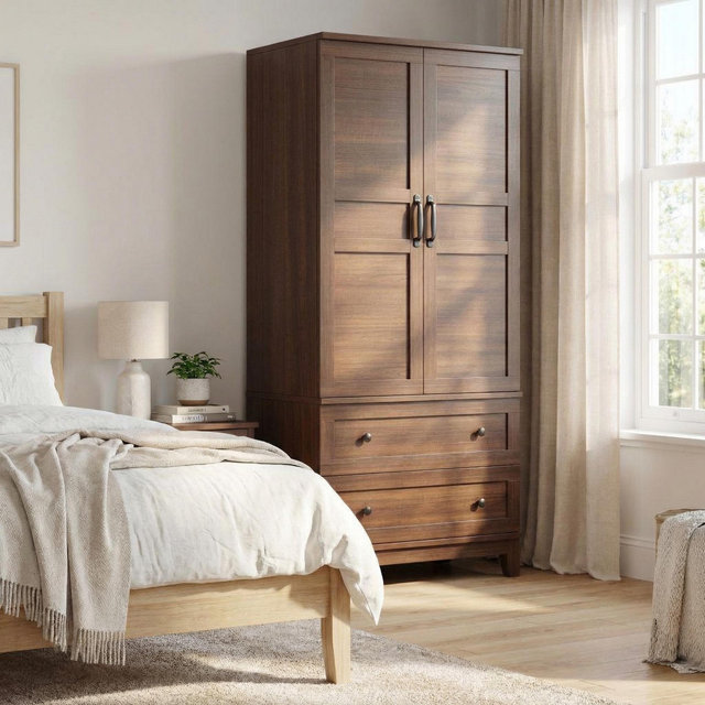 COZONY 72" Armoire Wardrobe Closet with 2 Doors & 2 Drawers, Wooden Clothing Storage Cabinet with Hanging Rod & Adjustable Shel