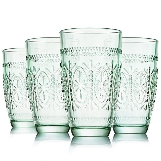 4 Pack Colored Vintage Drinking Glasses, 15.5 oz Romantic Embossed Water Glasses, Colored Tumblers Tempered Glass, Vintage Glassware Set for Juice, Beverages, Beer, Cocktail (Green)