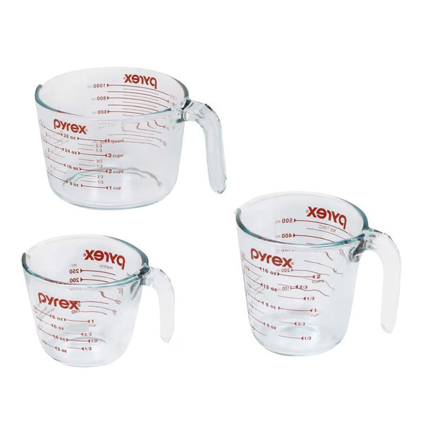 Pyrex Essentials (3-Pack) Glass Measuring Cups Set, (1, 2 & 4 Cup) Measuring Cups For Prepping, Baking and Cooking, Preheated Oven, Dishwasher, Freezer, and Microwave Safe
