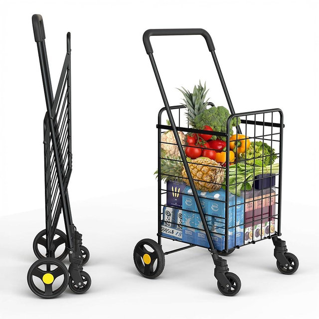 Our Modern Space Shopping Cart & 360° Swivel Wheels | Foldable Collapsible & Lightweight | Perfect for Groceries Laundry Utility Cart - Black