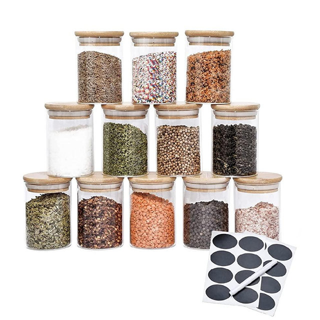 PreZervers| 12 Borosilicate Glass Jar |7oz| Kitchen Ware | Air Tight Food Safe Storage | Bamboo Lid with 7oz Glass Jar | Includes Pen and Decorative Labels | Dozen Spice Jars