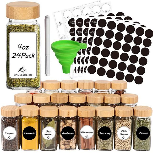 CycleMore 24 Pcs Spice Jars with Bamboo Lids 4 oz Glass Spice Jars with Labels - Minimalist Blank Spice Labels Stickers, Black Labels Stickers, Collapsible Funnel