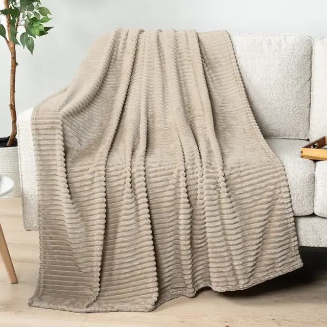 PAVILIA Super Soft Fleece Flannel Ribbed Striped Throw Blanket, Luxury Fuzzy Plush Warm Cozy for Sofa Couch Bed, Taupe/Throw - 50x60