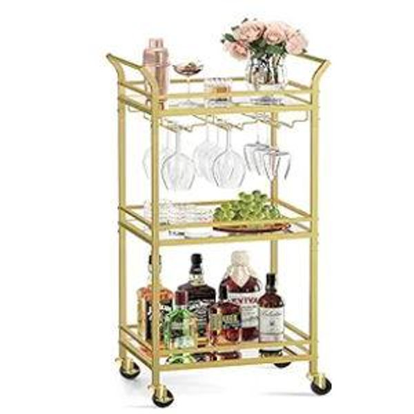 VASAGLE Bar Cart, Home Bar Serving Cart, Small Bar Cart with 3-Tier Shelf, Wine Holders, Glass Holders, Mini Bar Cart for Small Spaces, Kitchen, Dining Room, Living Room, Pale Gold