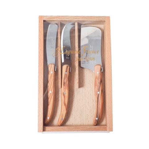 Laguiole Olivewood Mini Cheese Set in Wooden Box with Acrylic Lid (Set of 3)