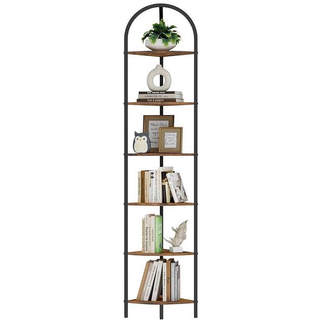 Homhedy 6-Tier Corner Shelf Stand, Wall Corner Bookshelf with Metal Frame, Bathroom Storage Rack Shelf, Plant Stand, Industrial Style,Rustic Brown and Black