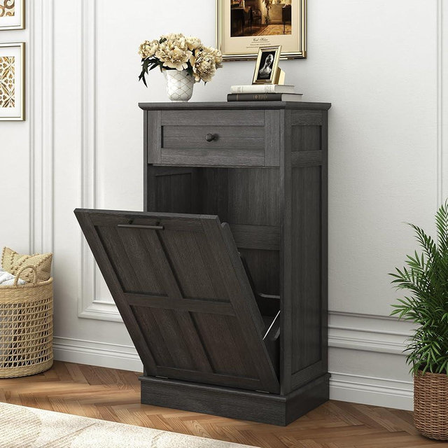 chartustriable Farmhouse Tilt-Out Trash Can Cabinet, 10 Gallon Laundry Hamper with Drawers, Wooden Hidden Garbage Can Cabinet w/Storage for Kitchen & Living Room, Dark Grey