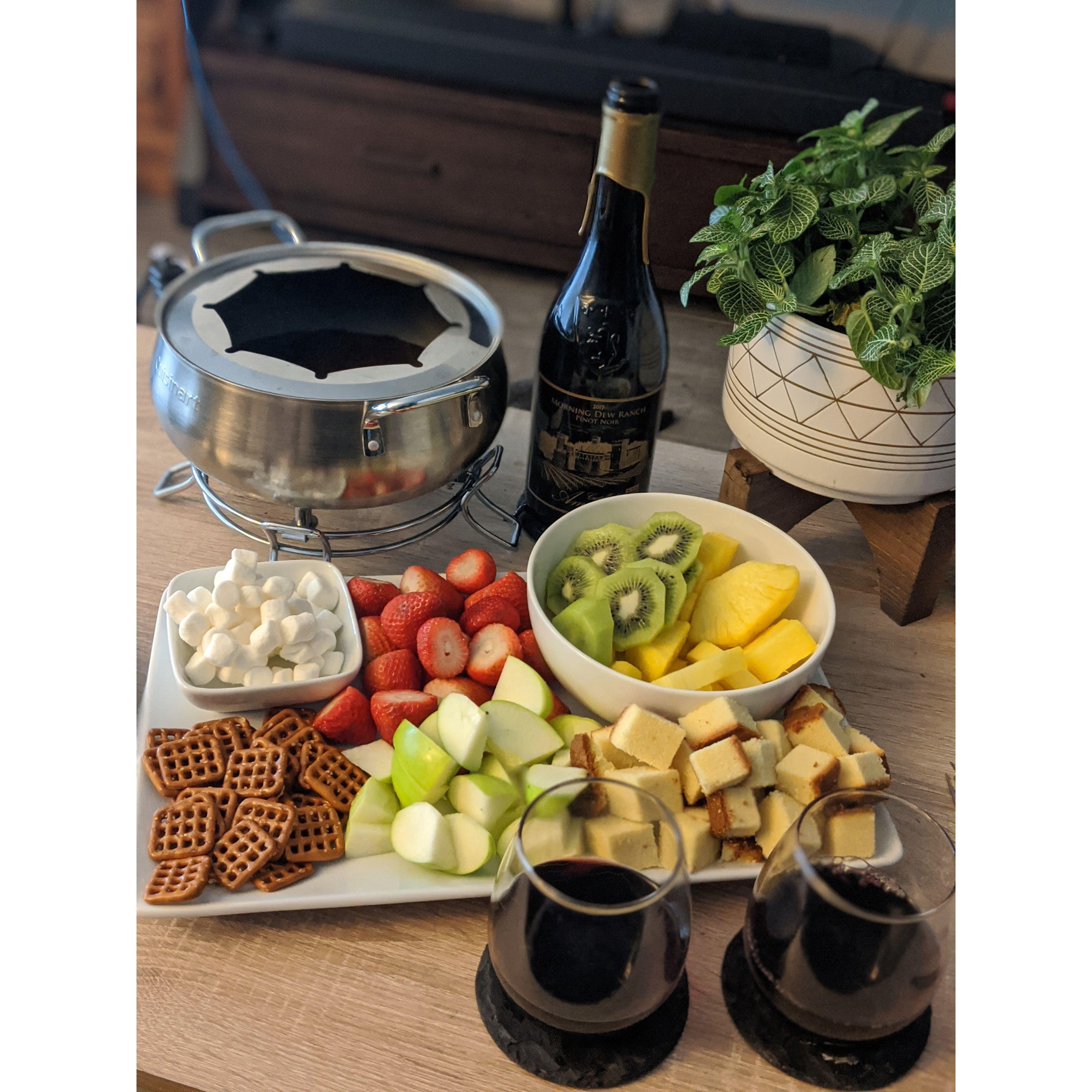 Chocolate fondue date night at home. February 2020.