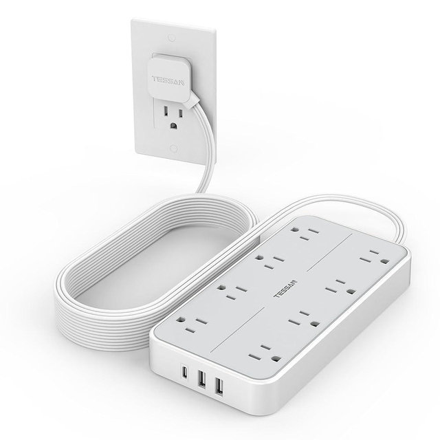 Flat Plug 15 FT Extension Cord, TESSAN Surge Protector Power Strip with 8 AC and 3 USB(1USB-C) Ports, 1080J Protection, Wall Mount Widely Spaced Charging Station for Home, Office, School, Dorm Room