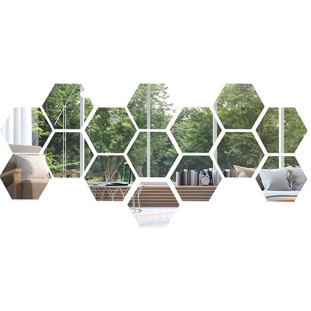 15Pcs Mirror Wall Stickers Acrylic Hexagon Mirror Sticker Decor Self Adhesive Acrylic Mirror Setting Wall Sticker Decal Setting for Home Living Room Bedroom Decor (Large Size)