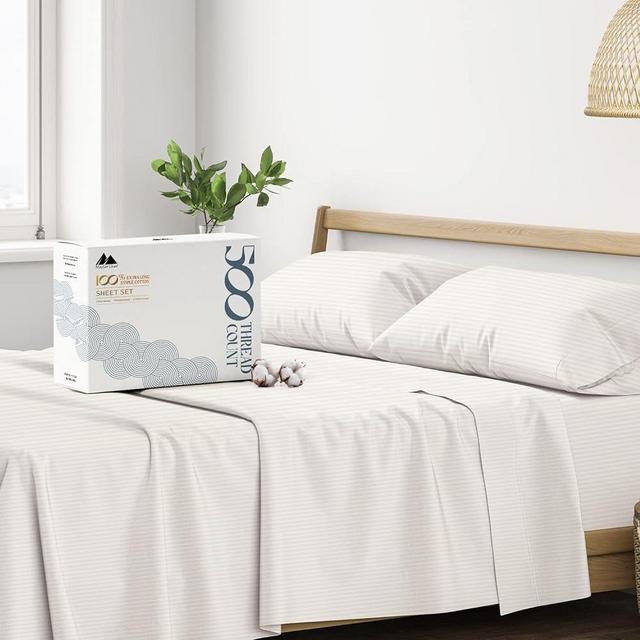 Mayfair Linen 500 Thread Count Bed Sheets 100% Egyptian Cotton Striped Sheets Set - Beige Long-Staple Cotton King Sheet for Bed, Fits Mattress Upto 16'' Deep Pocket, Soft & Silky Sateen Weave Sheets