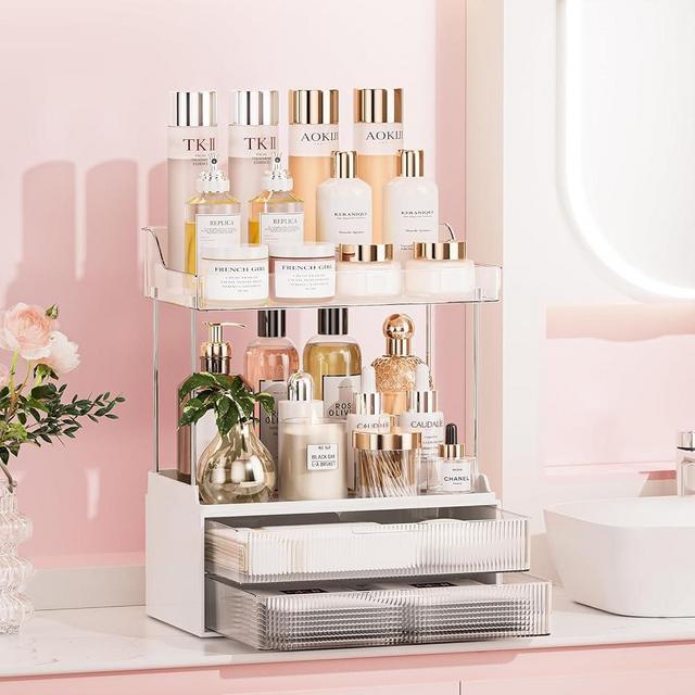 TidyStash 2-Tier 2-Drawer Bathroom Counter Organizer, Elegant Makeup Organizer, Ideal for Present, Easy to Install, Suitable as Bathroom Organizers and Storage, Vanity and Countertop Organizer, Clear
