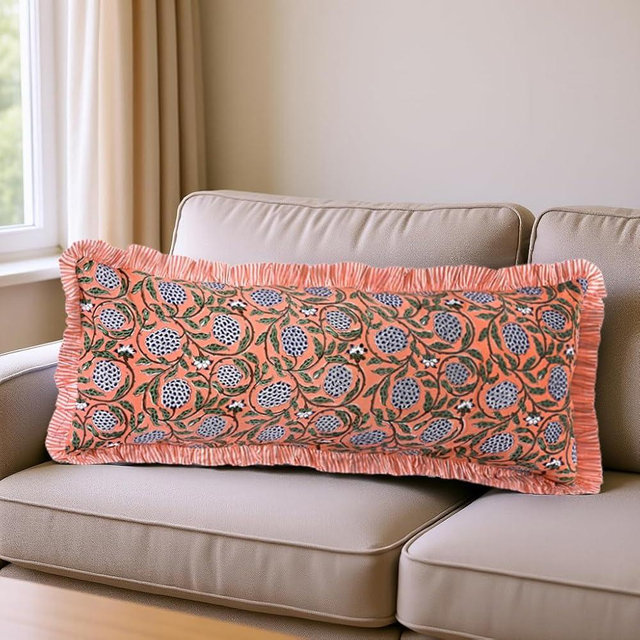Ridhi Block Print Dark Salmon Pink 36"x14" Set 1-100% Cotton Ruffle Lumbar Sham Cover Boho Floral Pillowcase, Farmhouse Cottagecore Bedding, Soft Decorative Cover Gift for Spring, Easter, Valentine