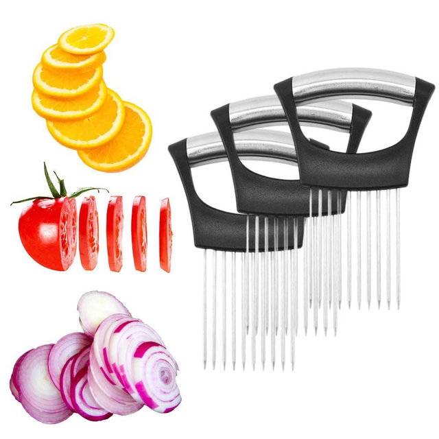 2025 New Onion Holder for Slicing, Stainless Steel Onion Slice Holder Lemon Slicer Vegetable Cutter, Kitchen Gadgets Chopper Slicing Assistant Tool for Meat, Onion, Potato, Tomato (3 Pcs)