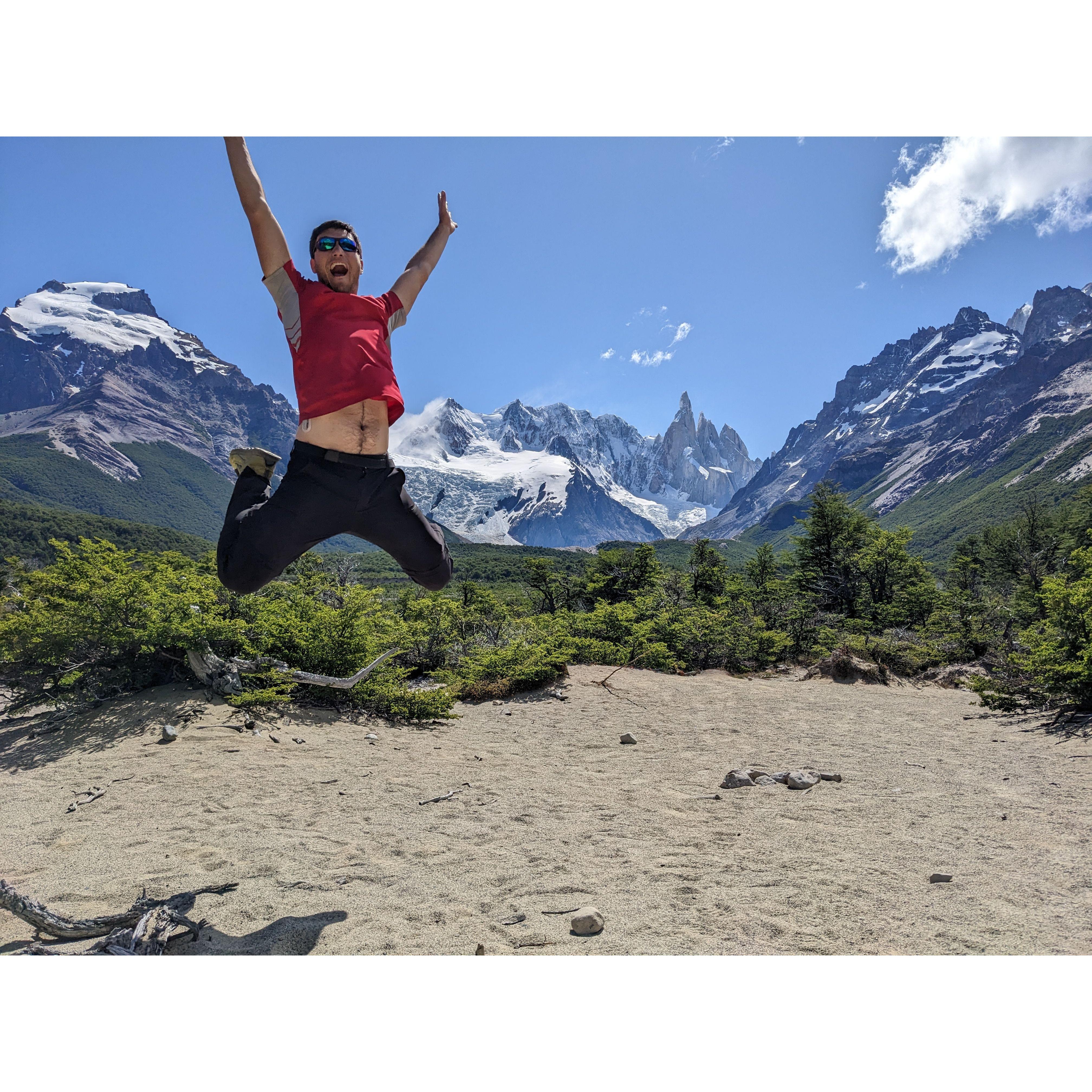 Nick's exuberance is something Amanda loves about him. This photo was taken in Argentina in El Chalten (December 2022).