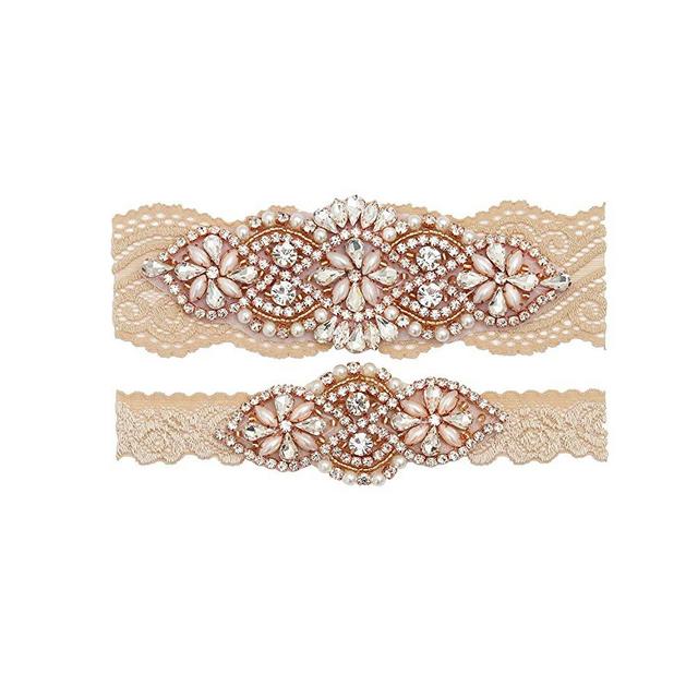 yanstar Wedding Bridal Garter Set Champagne Stretch Lace with Silver Rhinestone Clear Crystal Pearl for Prom Bridesmaid Dress